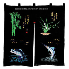 Promotional Black Fish Embroidered Japanese Restaurant Cotton Custom Door Curtain